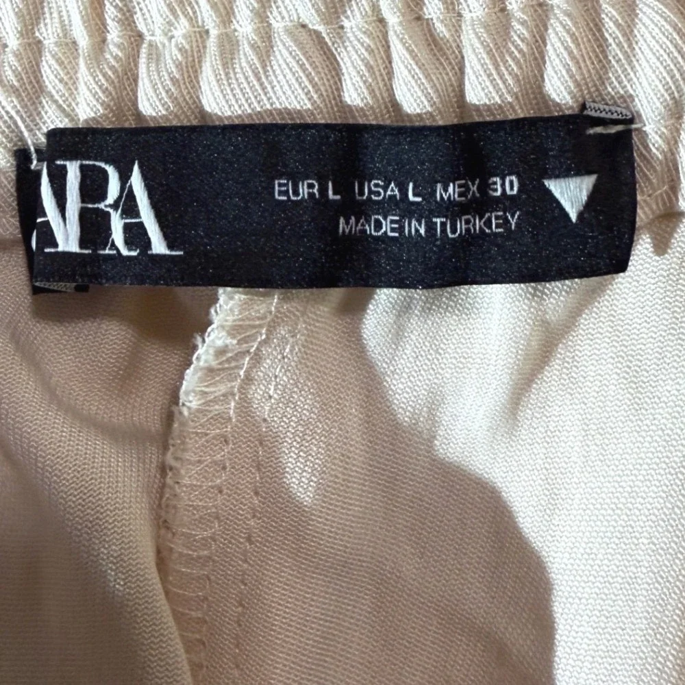 Zara Womens Large Wide Leg‎ Drawstring Pants Cream Beige Relaxed Trousers